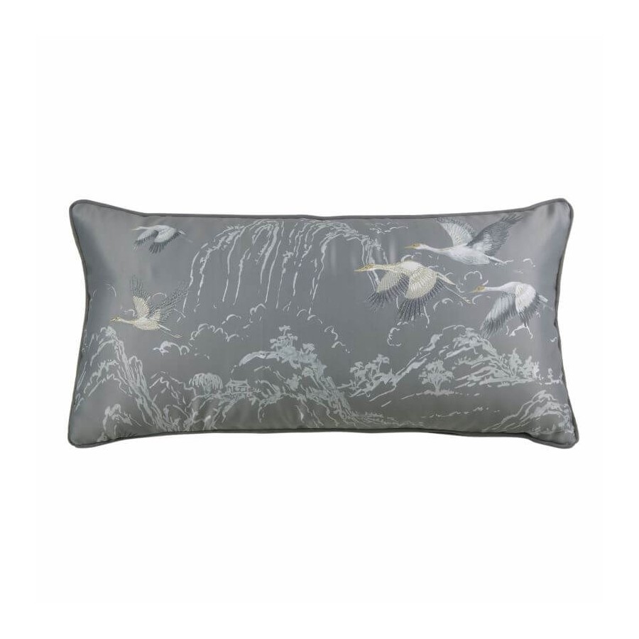 Animalia Cushion, Laura Ashley. Oriental landscape with embroidered white herons. Satin steel bottom. Border. 30 x 70cm.