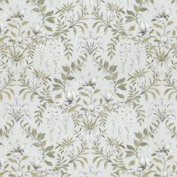 Parterre Laura Ashley fabric, sage green. Flowers with leaves. Sap green finish. Curtains, blinds and decorative elements.