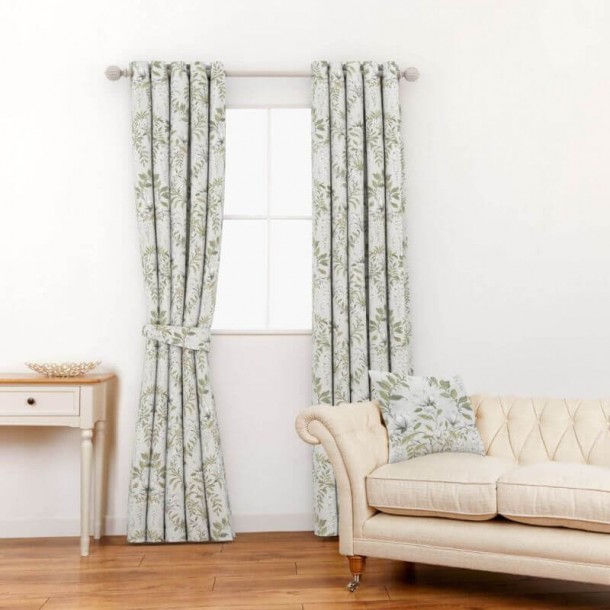 Parterre Laura Ashley fabric, sage green. Flowers with leaves. Sap green finish. Curtains, blinds and decorative elements.