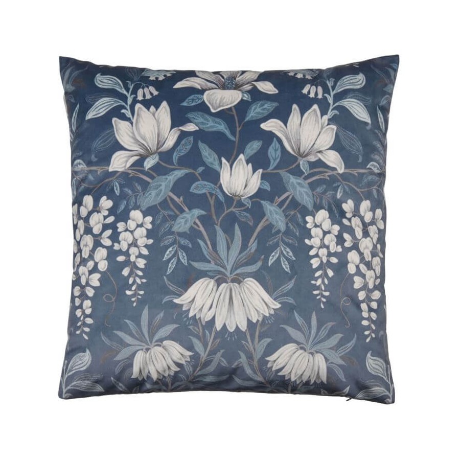 Parterre print velvet cushion, Laura Ashley. Design white flowers on a dark sea blue background. 50x50cm.