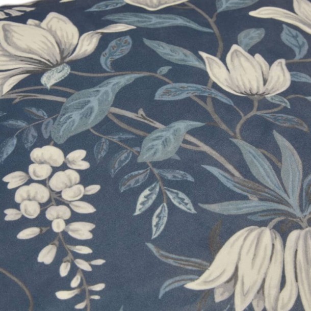 Parterre print velvet cushion, Laura Ashley. Design white flowers on a dark sea blue background. 50x50cm.