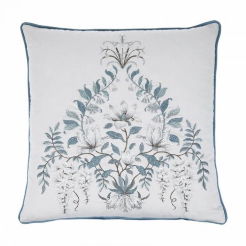 Seaspray Parterre embroidered cushion, Laura Ashley. Flowers on off-white background and trim. Includes padding. 43x43cm.