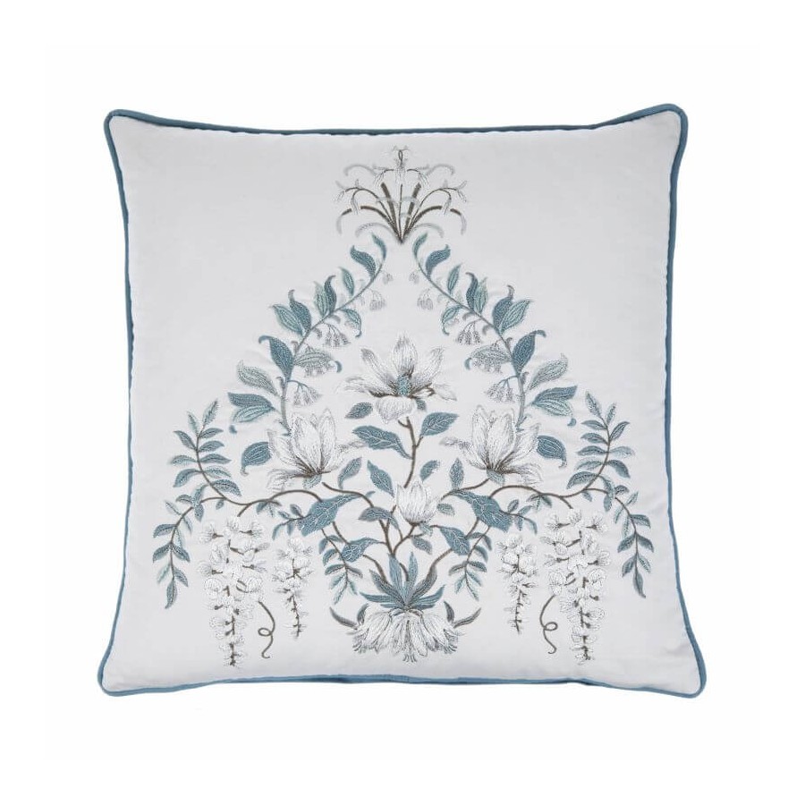 Seaspray Parterre embroidered cushion, Laura Ashley. Flowers on off-white background and trim. Includes padding. 43x43cm.