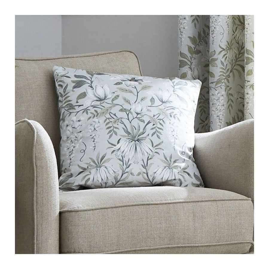 Parterre cushion by Laura Ashley with a green floral design. Natural style and feather filling. It measures 50 x 50 cm.