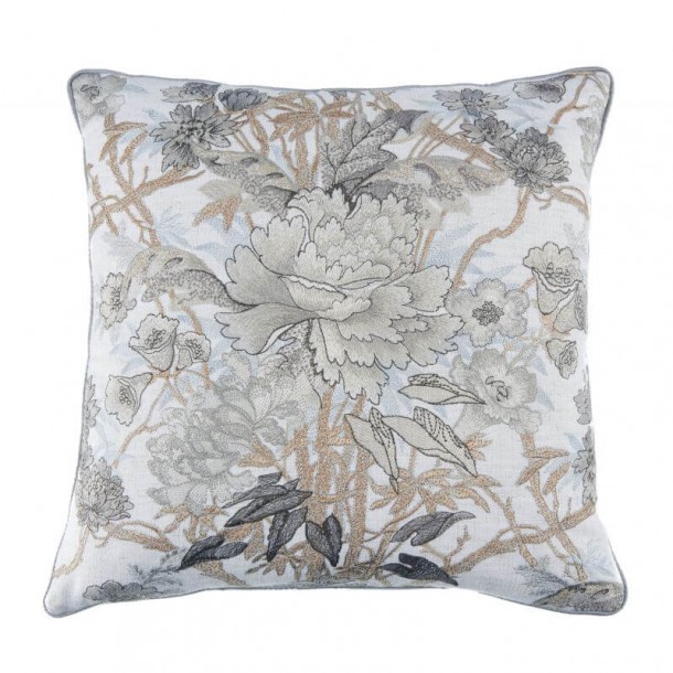 Overton Embroidered Cushion, Laura Ashley. Floral motifs in steel and natural tones. Fresh and luxurious style.