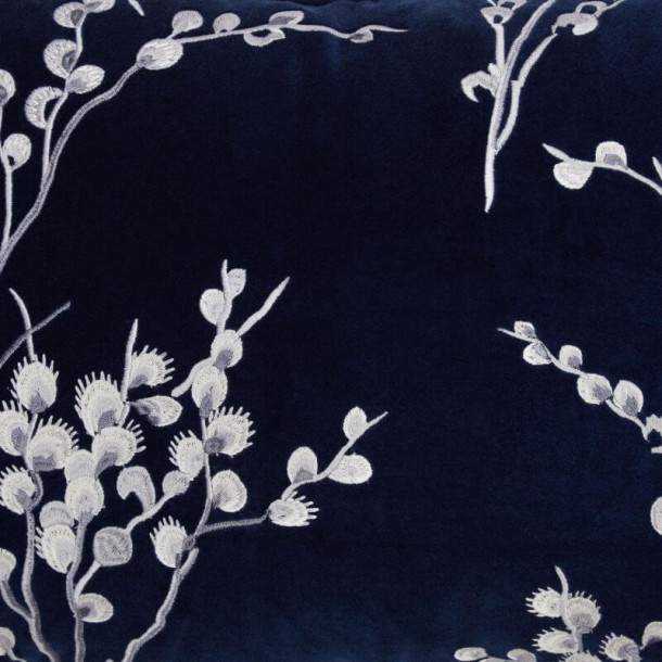 Embroidered cushion, Laura Ashley. Midnight blue background and white flowering cotton branches. Includes padding. 35x50cm.