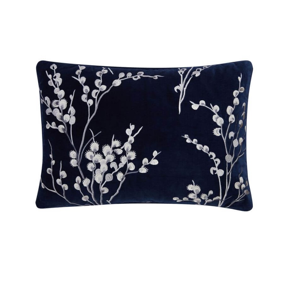 Embroidered cushion, Laura Ashley. Midnight blue background and white flowering cotton branches. Includes padding. 35x50cm.