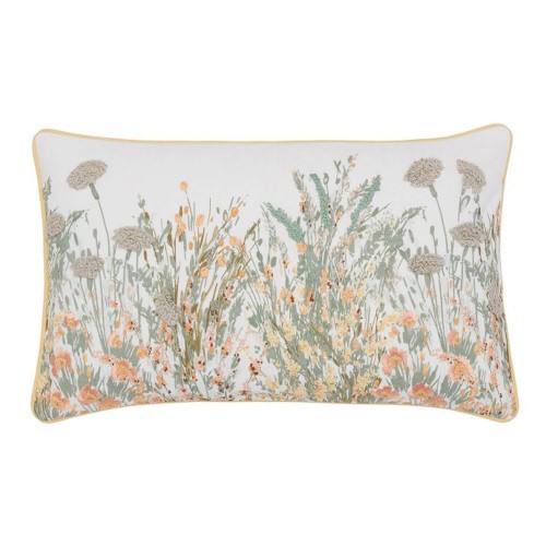 Harvest ochre embroidered cushion, Laura Ashley. Country and elegant design, combining green, natural and ochre tones.