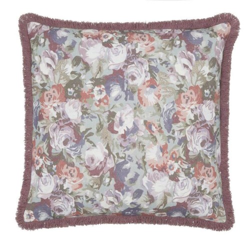 Ffion Cushion, Laura Ashley. Tapestry-style print, in purple tones. Vintage style and with an original fringed trim.