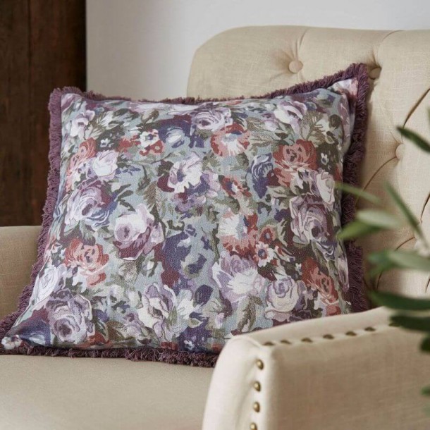 Ffion Cushion, Laura Ashley. Tapestry-style print, in purple tones. Vintage style and with an original fringed trim.