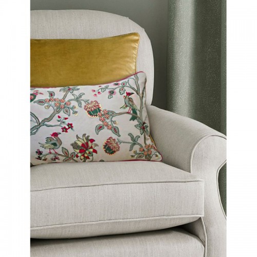 Emperor Peony Cushion, Laura Ashley. Exotic bird and flower print. In pinks, greens and yellows. Includes padding. 30x50cm.