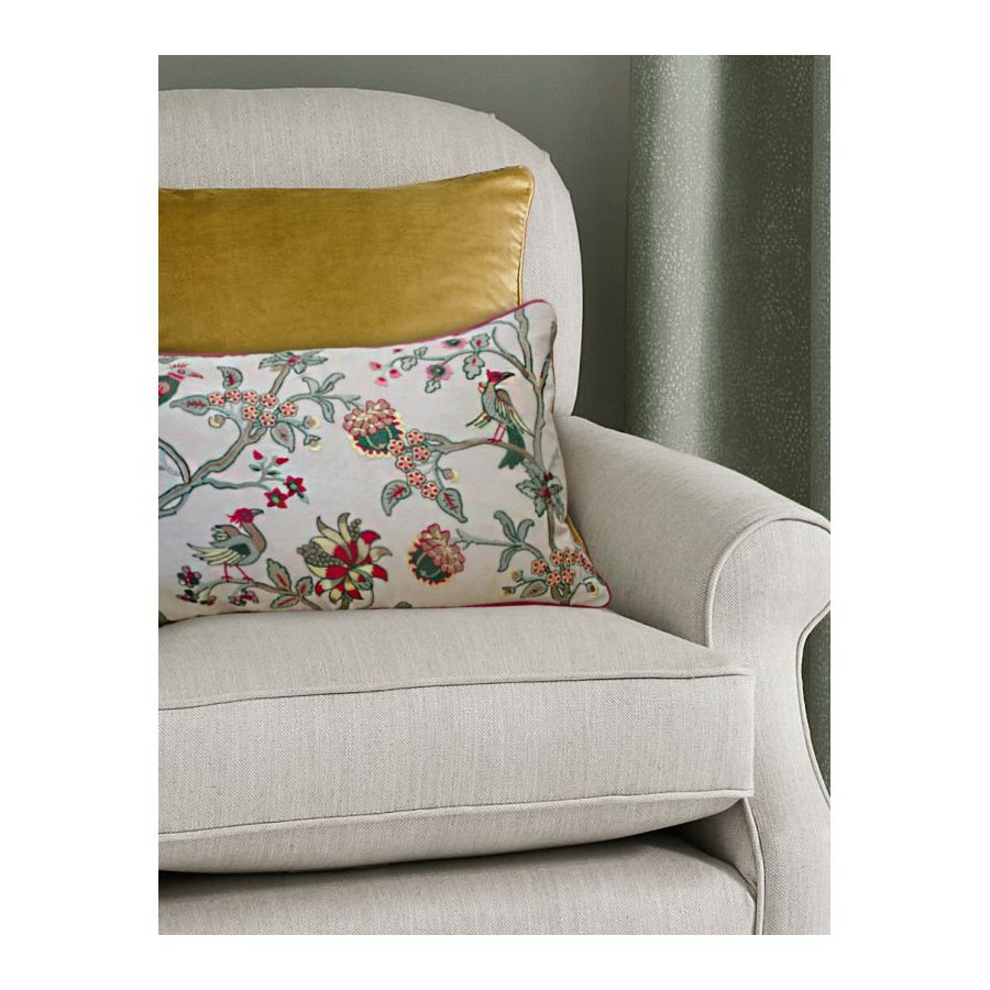 Emperor Peony Cushion, Laura Ashley. Exotic bird and flower print. In pinks, greens and yellows. Includes padding. 30x50cm.