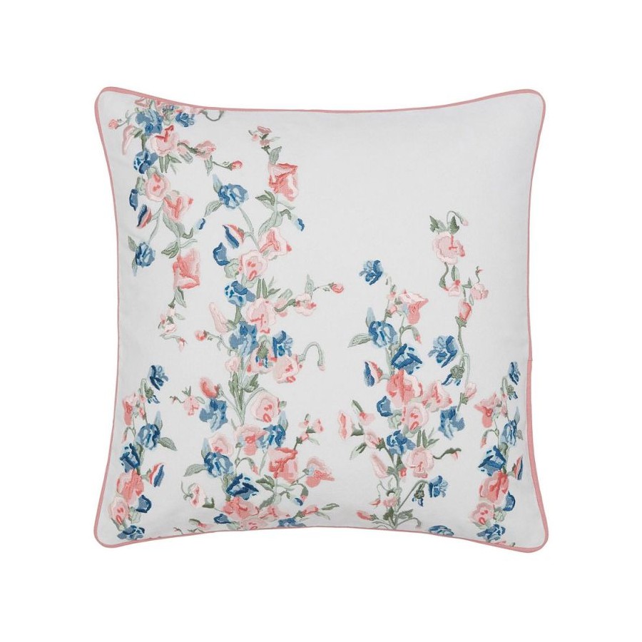 Charlotte Cushion, Laura Ashley. Embroidery of pink and blue flowers. Pink trim. Includes padding. 45x45cm.