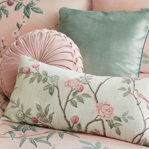 Eglantine cushion, Laura Ashley. In pink and Eau de nil tones, with a floral print. Includes padding. 30 x 60cm.