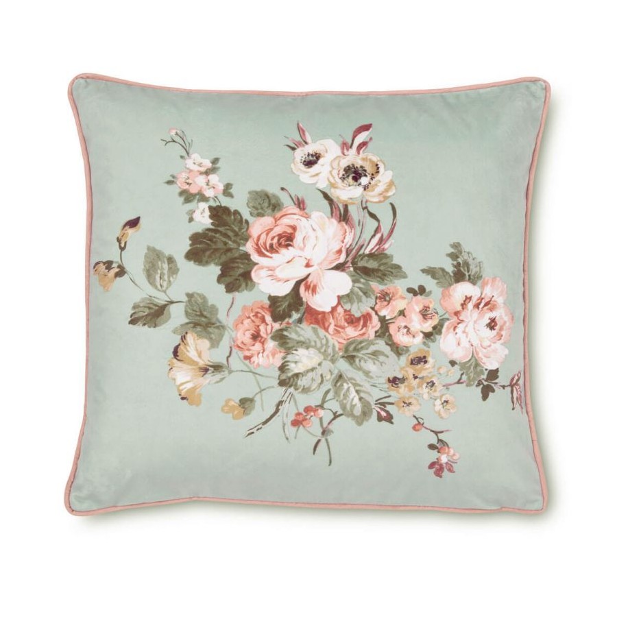 Rosemore Cushion, Laura Ashley. Bouquet of pink flowers with a sage background and a pink edging. Includes padding. 50x50cm.