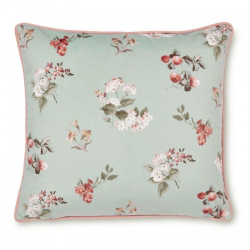 Rosemore Cushion, Laura Ashley. Bouquet of pink flowers with a sage background and a pink edging. Includes padding. 50x50cm.