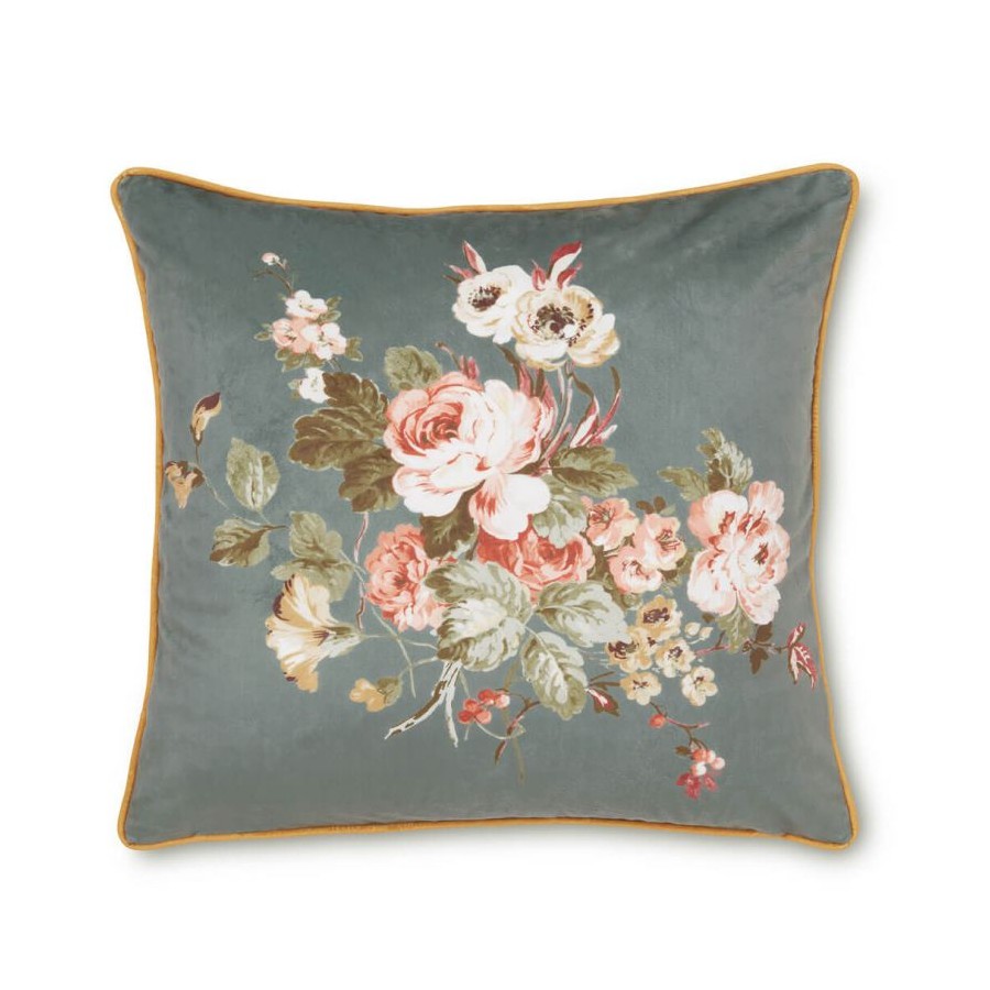 Rosemore Cushion, Laura Ashley. Bouquet of pink flowers with a fern background and a pink edging. Includes padding. 50x50cm.