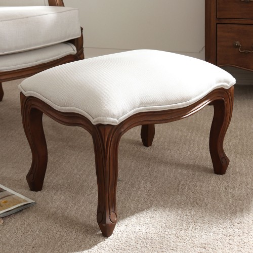 Romantic footstool. Montpellier Collection, Laura Ashley. Upholstered in natural linen. Walnut finish on solid wood.