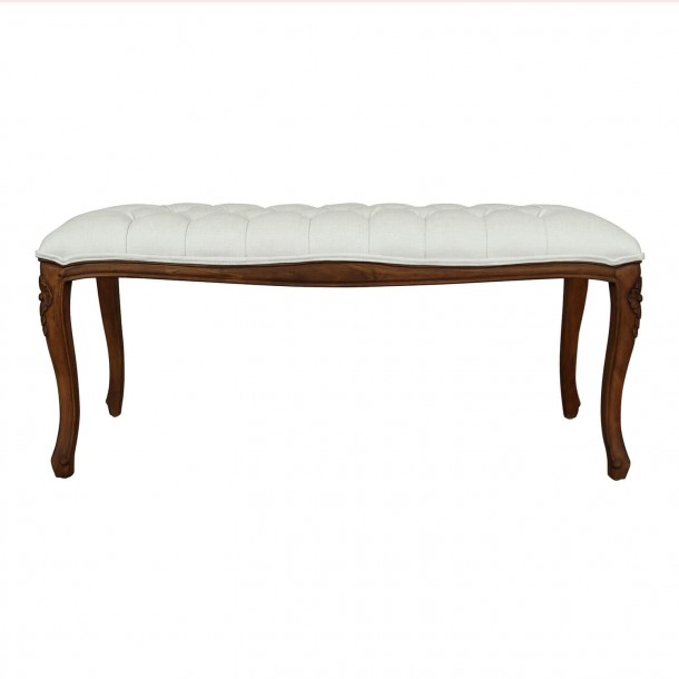 Bench from Montpellier collection, Laura Ashley. Romantic design. Upholstered in natural linen and walnut finish, solid wood.