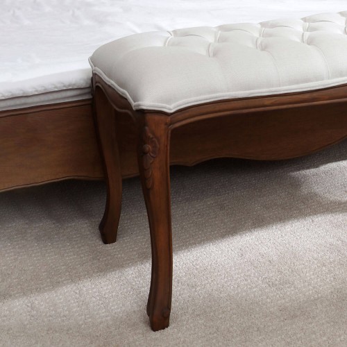 Bench from Montpellier collection, Laura Ashley. Romantic design. Upholstered in natural linen and walnut finish, solid wood.