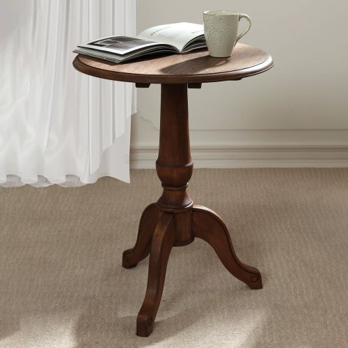 Side table. Montpellier Collection, Laura Ashley. Round top and turned legs. Walnut finish. Solid carved wood.