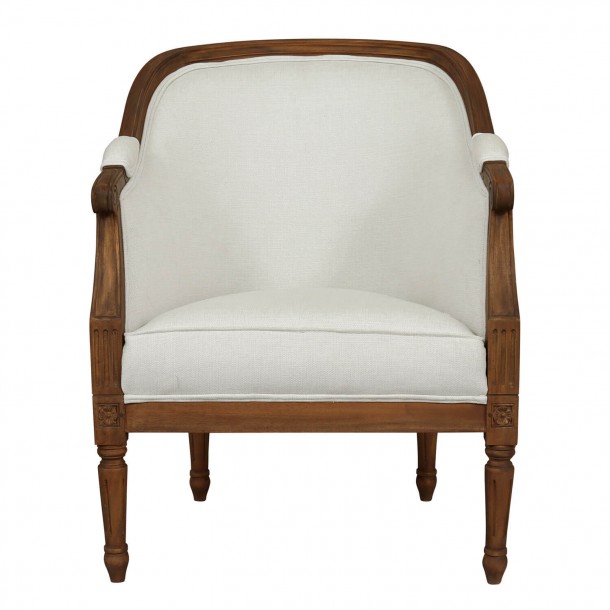 Romantic style armchair. Montpellier Collection, Laura Ashley. In natural color linen and solid wood with a walnut finish.