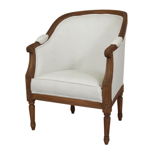 Romantic style armchair. Montpellier Collection, Laura Ashley. In natural color linen and solid wood with a walnut finish.