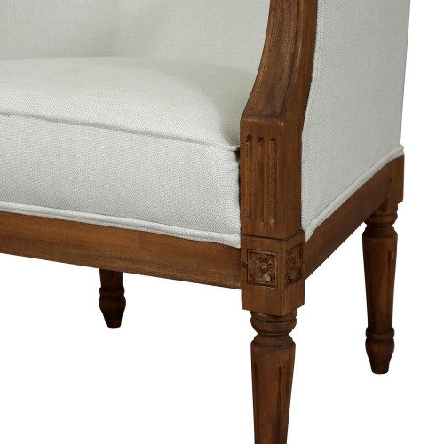 Romantic style armchair. Montpellier Collection, Laura Ashley. In natural color linen and solid wood with a walnut finish.