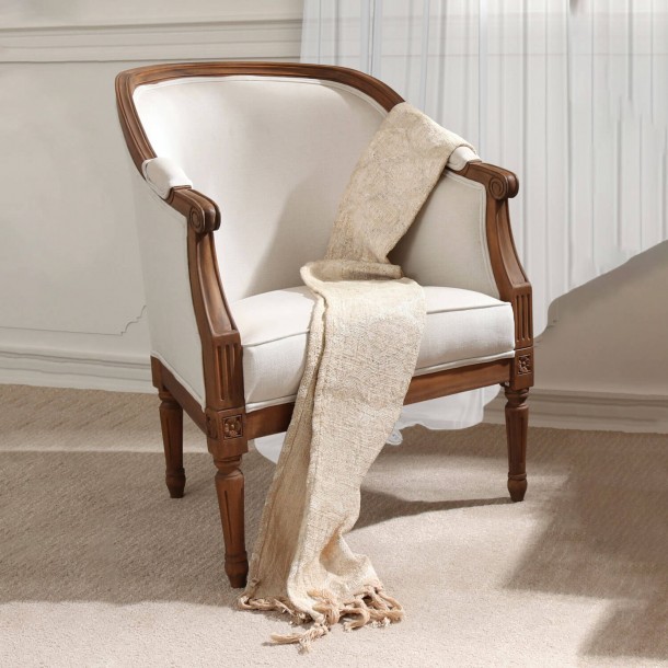 Romantic style armchair. Montpellier Collection, Laura Ashley. In natural color linen and solid wood with a walnut finish.