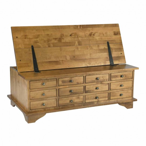 Coffee table with twelve honey garrat drawers. Garrat Collection, by Laura Ashley. Mobile cover. Solid birch.