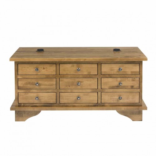 Chest type coffee table in honey finish. Garrat Collection, by Laura Ashley. With nine drawers and mobile cover.