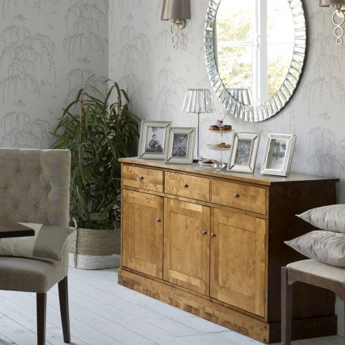 Garrat triple sideboard in honey finish. Garrat Collection, Laura Ashley. 3 drawers and 3 cupboards with adjustable shelves.