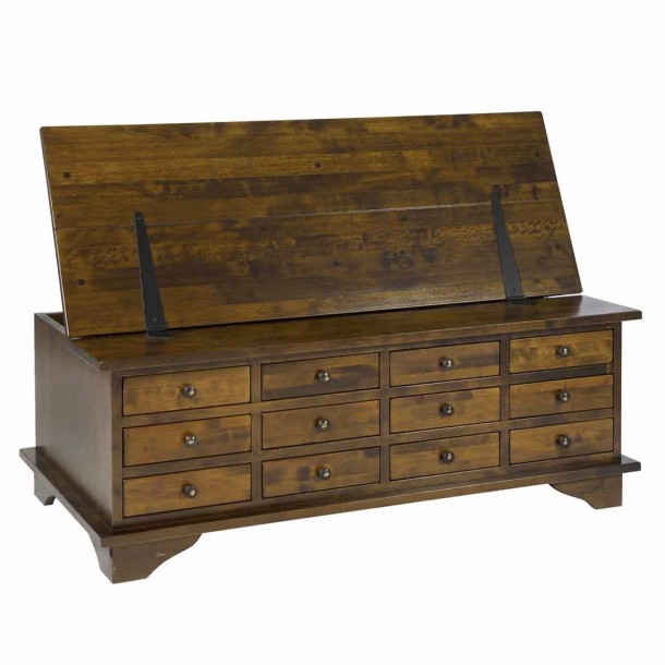 Coffee table with twelve dark chestnut garrat drawers. Garrat Collection, by Laura Ashley. Mobile cover. Solid birch.