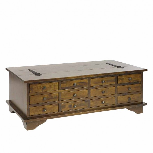 Coffee table with twelve dark chestnut garrat drawers. Garrat Collection, by Laura Ashley. Mobile cover. Solid birch.