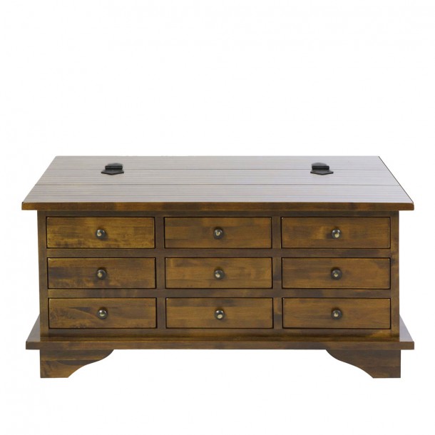 Chest type coffee table in dark chestnut finish. Garrat Collection, by Laura Ashley. With nine drawers and mobile cover.