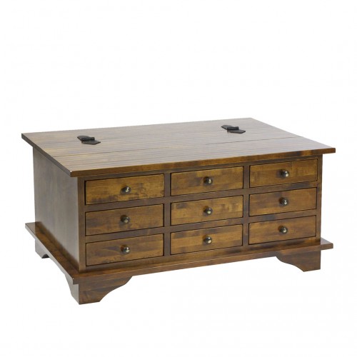 Chest type coffee table in dark chestnut finish. Garrat Collection, by Laura Ashley. With nine drawers and mobile cover.