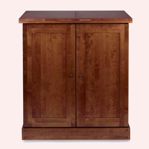 Liquor cabinet, solid wood. Dark chestnut finish. Two doors, hinged lid and mirrored interior. Garrat, Laura Ashley.