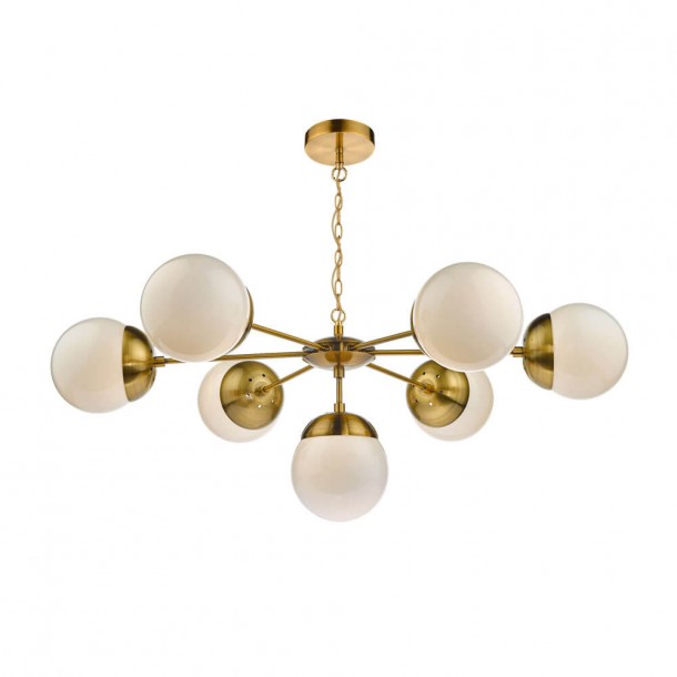 Lámpara de techo inspiración s.XX, con globos de vidrio sobre estructura bronce natural estilo satélite y cadena regulable.