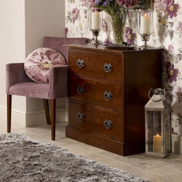 Classic 3-drawer chest, dark chestnut finish. Garrat Collection, Laura Ashley. Lacquered for easy maintenance.