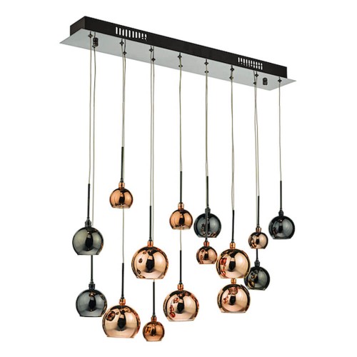 Aurelia. Barra de metal negro de 15 luces con pantallas de cristal de alto brillo, en bronce y cobre. Altura hasta 90 cm.