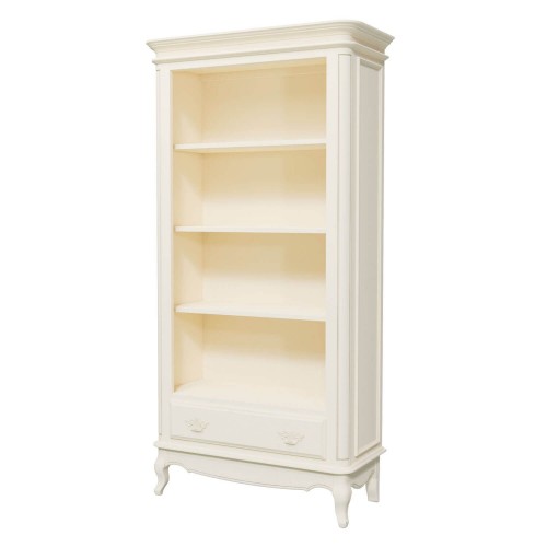 Unique bookcase, with a full drawer and 3 shelves (1 fixed and 2 adjustable). Classic design. Ivory painted finish with patina.