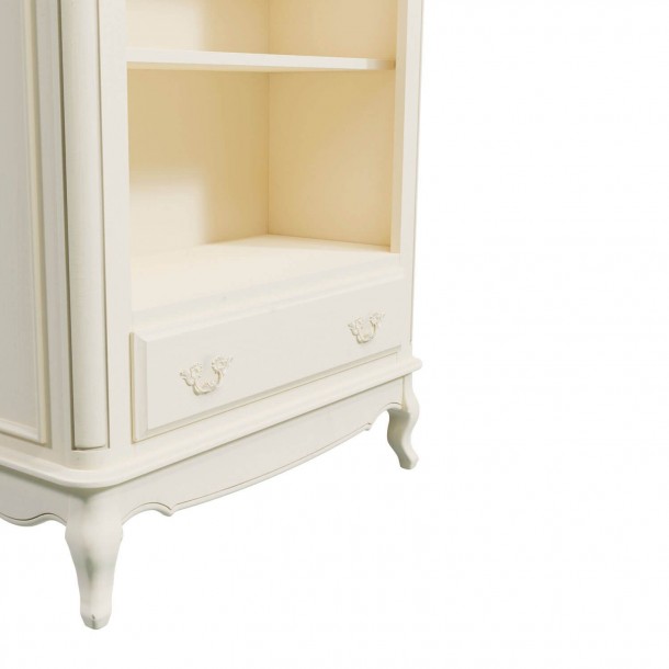 Unique bookcase, with a full drawer and 3 shelves (1 fixed and 2 adjustable). Classic design. Ivory painted finish with patina.