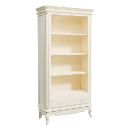 Unique bookcase, with a full drawer and 3 shelves (1 fixed and 2 adjustable). Classic design. Ivory painted finish with patina.