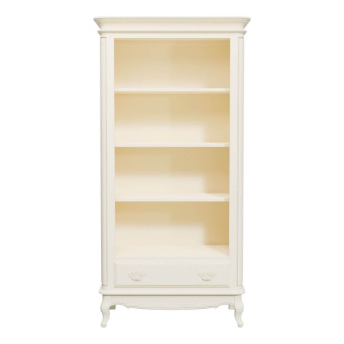 Unique bookcase, with a full drawer and 3 shelves (1 fixed and 2 adjustable). Classic design. Ivory painted finish with patina.