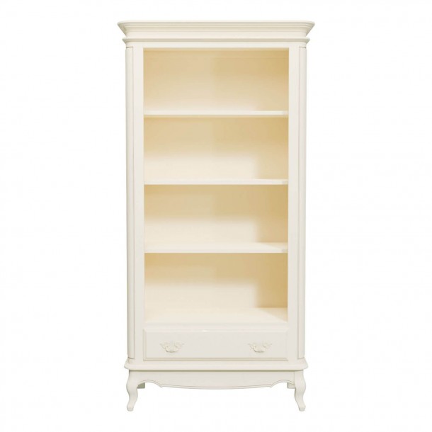 Unique bookcase, with a full drawer and 3 shelves (1 fixed and 2 adjustable). Classic design. Ivory painted finish with patina.