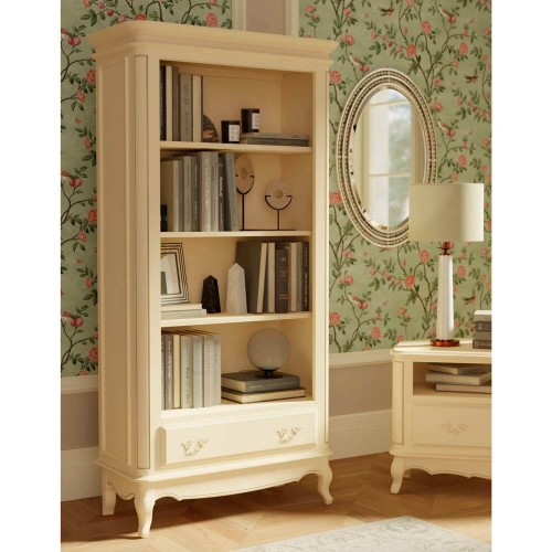 Unique bookcase, with a full drawer and 3 shelves (1 fixed and 2 adjustable). Classic design. Ivory painted finish with patina.