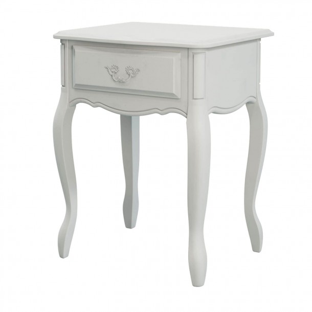 Side table with a drawer. Classic contoured leg design. Patina gray finish. Provencale Collection, Laura Ashley.