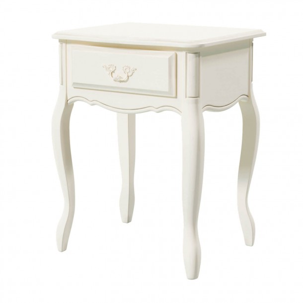 Side table with a drawer. Classic contoured leg design. Patina ivory finish. Provencale Collection, Laura Ashley.