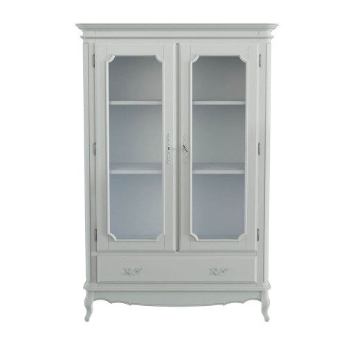 Showcase with 2 glass front doors, 2 adjustable shelves and 1 drawer. Light gray finish with patina and classic design.
