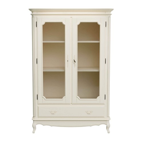Showcase with 2 glass front doors, 2 adjustable shelves and 1 drawer. Ivory finish with patina and classic design.